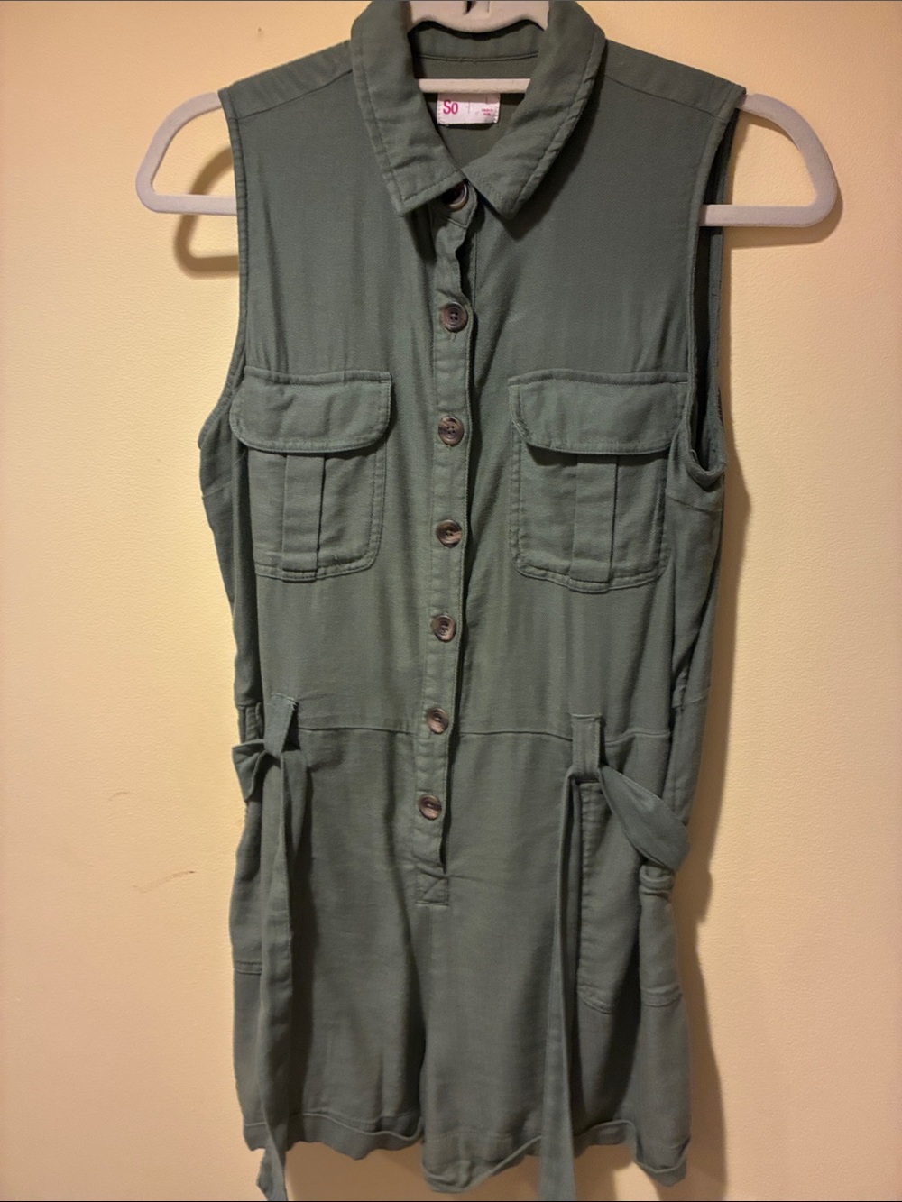 Green Military Collared Belted Buttons Pockets Utility Romper Sz L